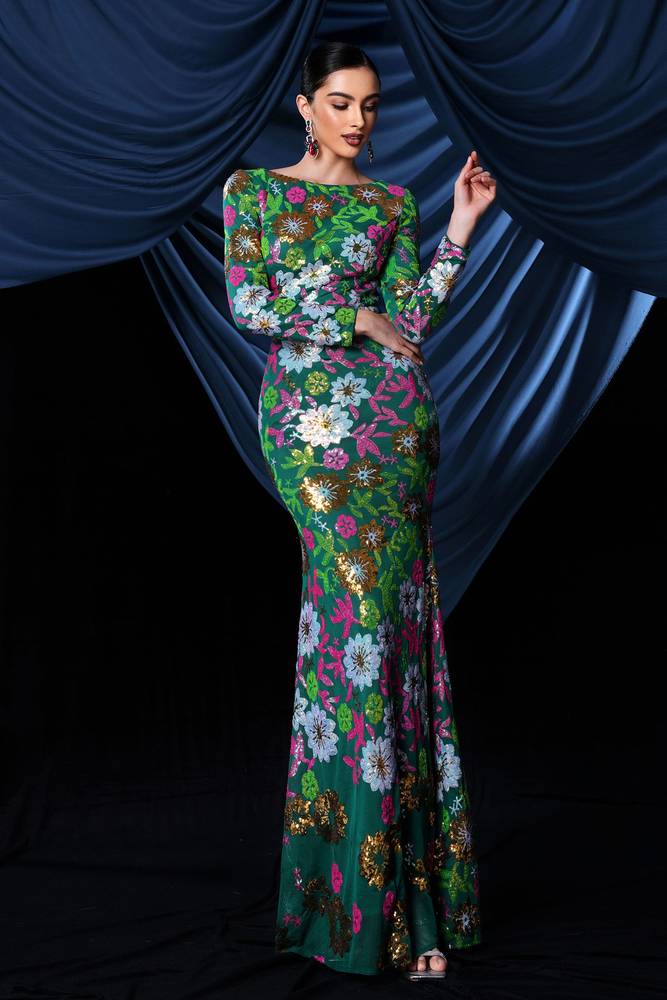 Jewel Neck Mermaid Sequin Long Sleeves Floral Prom Dresses