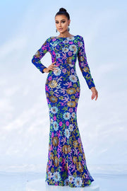 Jewel Neck Mermaid Sequin Long Sleeves Floral Prom Dresses