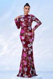 Jewel Neck Mermaid Sequin Long Sleeves Floral Prom Dresses