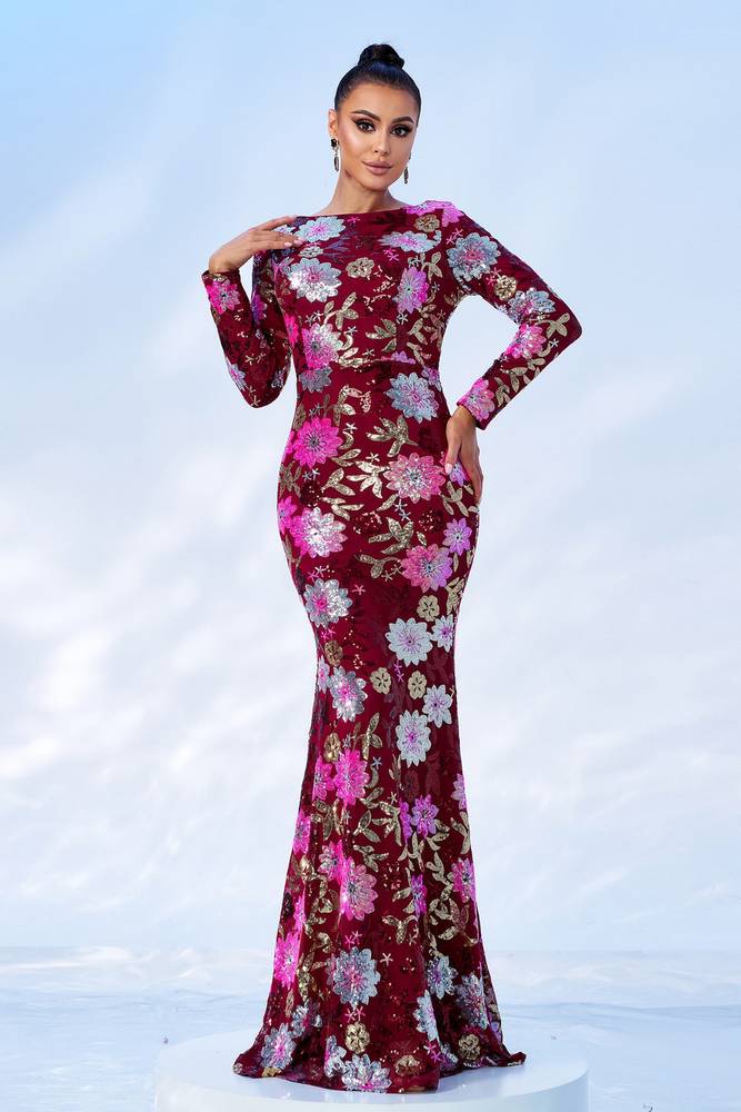 Jewel Neck Mermaid Sequin Long Sleeves Floral Prom Dresses