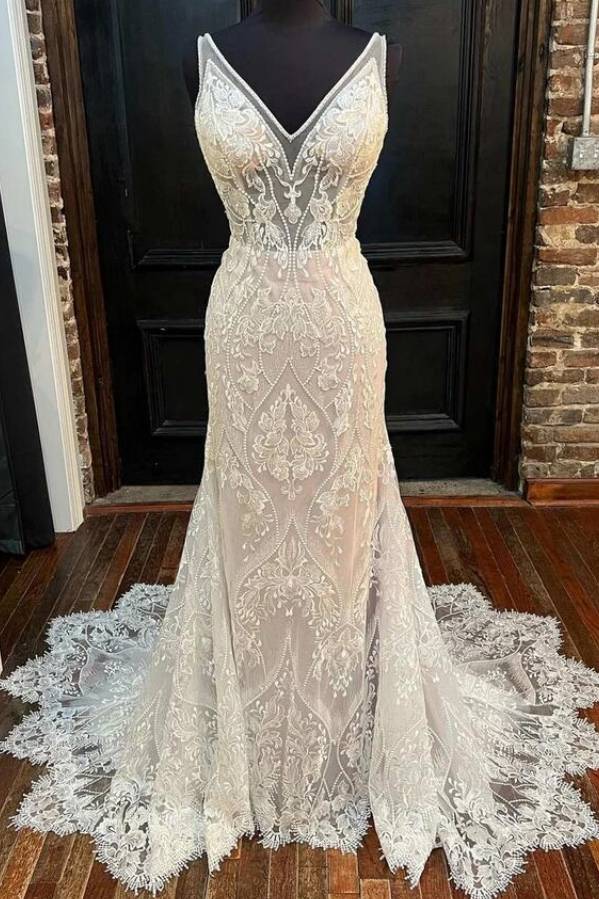 White V-Neck Sleeveless Mermaid Lace Long Wedding Dresses with Appliques