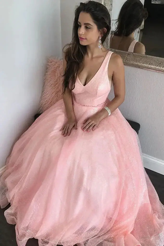 Pink Deep V-Neck A-Line Tulle Party Prom Dresses