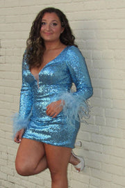 Blue Deep V-Neck Long Sleeves Homecoming Dresses with Feather