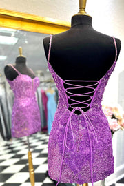 Purple Trendy Sequined Bodycon Spaghetti Straps Short Homecoming Dresses with Beads