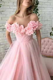 Pink A-Line Tulle Off-The-Shoulder Party Prom Dresses with Handmade Flowers