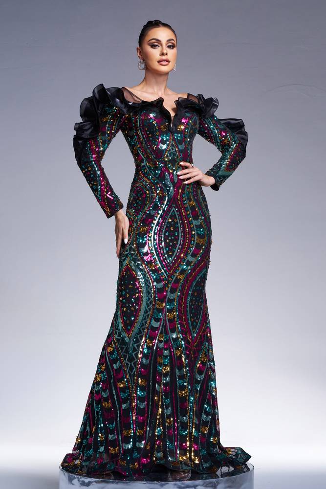 Sequined Mermaid Off-The-Shoulder Evening Dresses with Long Sleeves