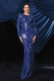 Floor-Length Mermaid Sequin Jewel Neck Evening Prom Dresses with Long Sleeves