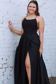 Black Plus Size Floor-Length A-Line Satin Sleeveless Prom Dresses with Slit