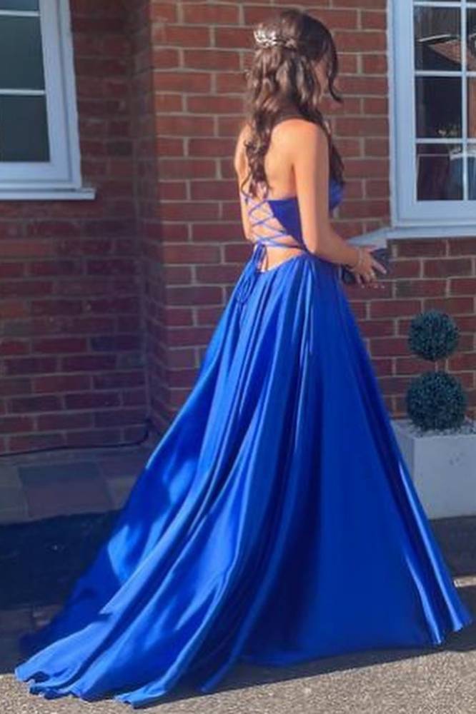 Royal Blue V-Neck A-Line Satin Prom Dresses with Slit