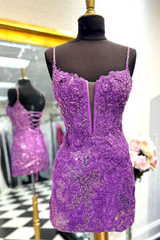 Purple Trendy Sequined Bodycon Spaghetti Straps Short Homecoming Dresses with Beads