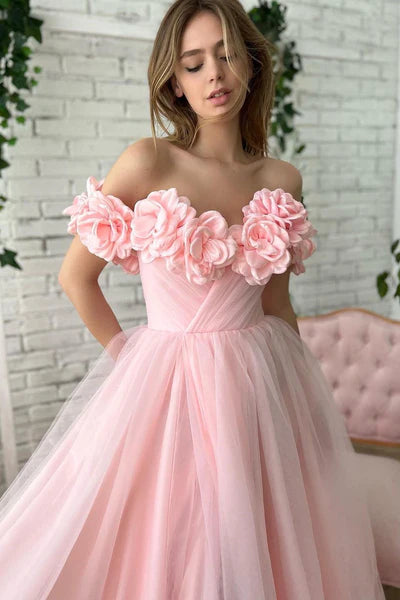 Pink A-Line Tulle Off-The-Shoulder Party Prom Dresses with Handmade Flowers