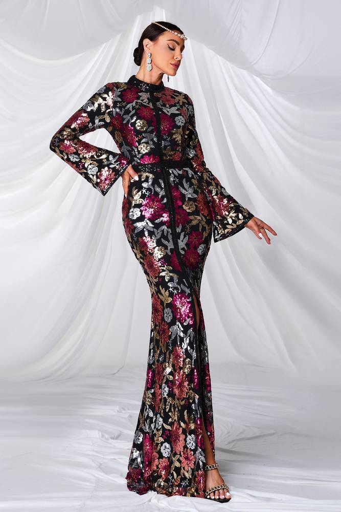 Sequined High Neck Split Front Mermaid Evening Dresses with Long Sleeves