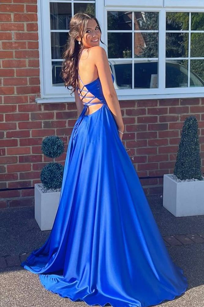 Royal Blue V-Neck A-Line Satin Prom Dresses with Slit