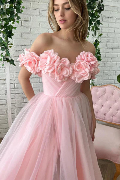 Pink A-Line Tulle Off-The-Shoulder Party Prom Dresses with Handmade Flowers