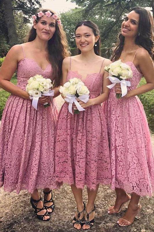 Tea-Length Spaghetti Straps A-Line Lace Bridesmaid Dresses