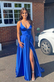 Royal Blue V-Neck A-Line Satin Prom Dresses with Slit