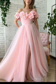 Pink A-Line Tulle Off-The-Shoulder Party Prom Dresses with Handmade Flowers