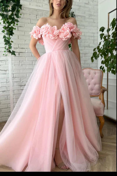 Pink A-Line Tulle Off-The-Shoulder Party Prom Dresses with Handmade Flowers