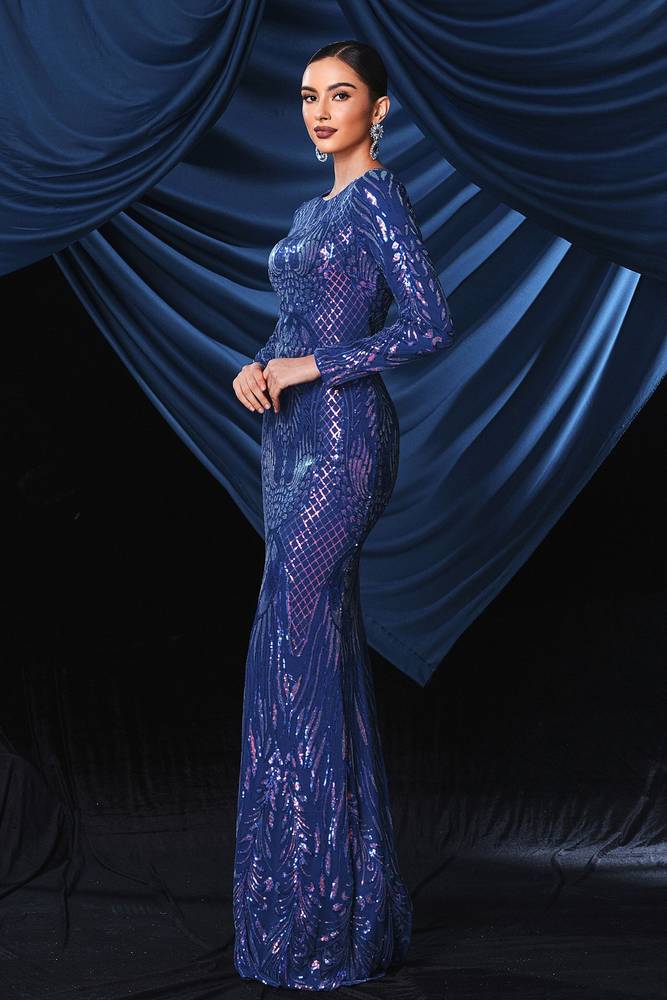 Floor-Length Mermaid Sequin Jewel Neck Evening Prom Dresses with Long Sleeves