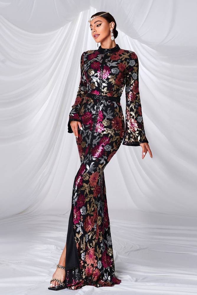 Sequined High Neck Split Front Mermaid Evening Dresses with Long Sleeves