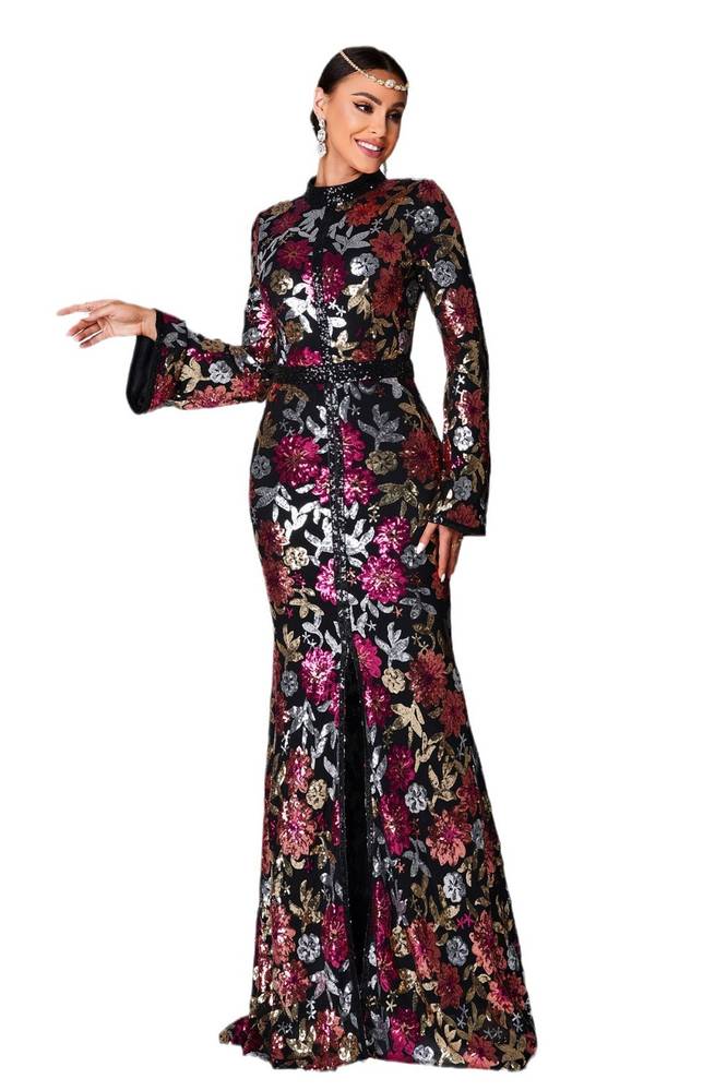 Sequined High Neck Split Front Mermaid Evening Dresses with Long Sleeves