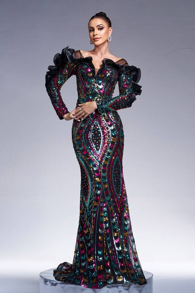 Sequined Mermaid Off-The-Shoulder Evening Dresses with Long Sleeves