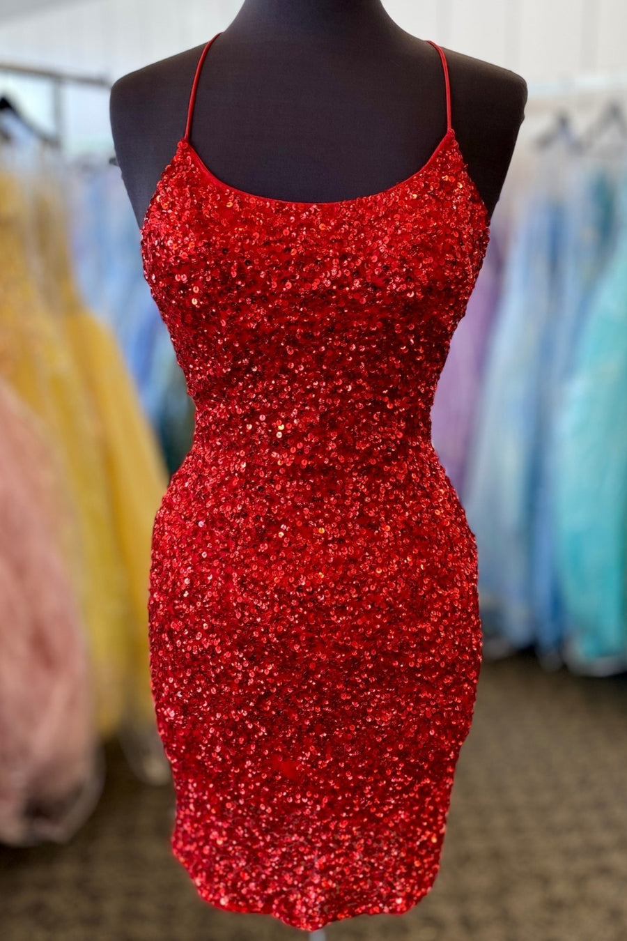 Red Spaghetti Straps Sequined Mermaid  Short Homecoming Dresses