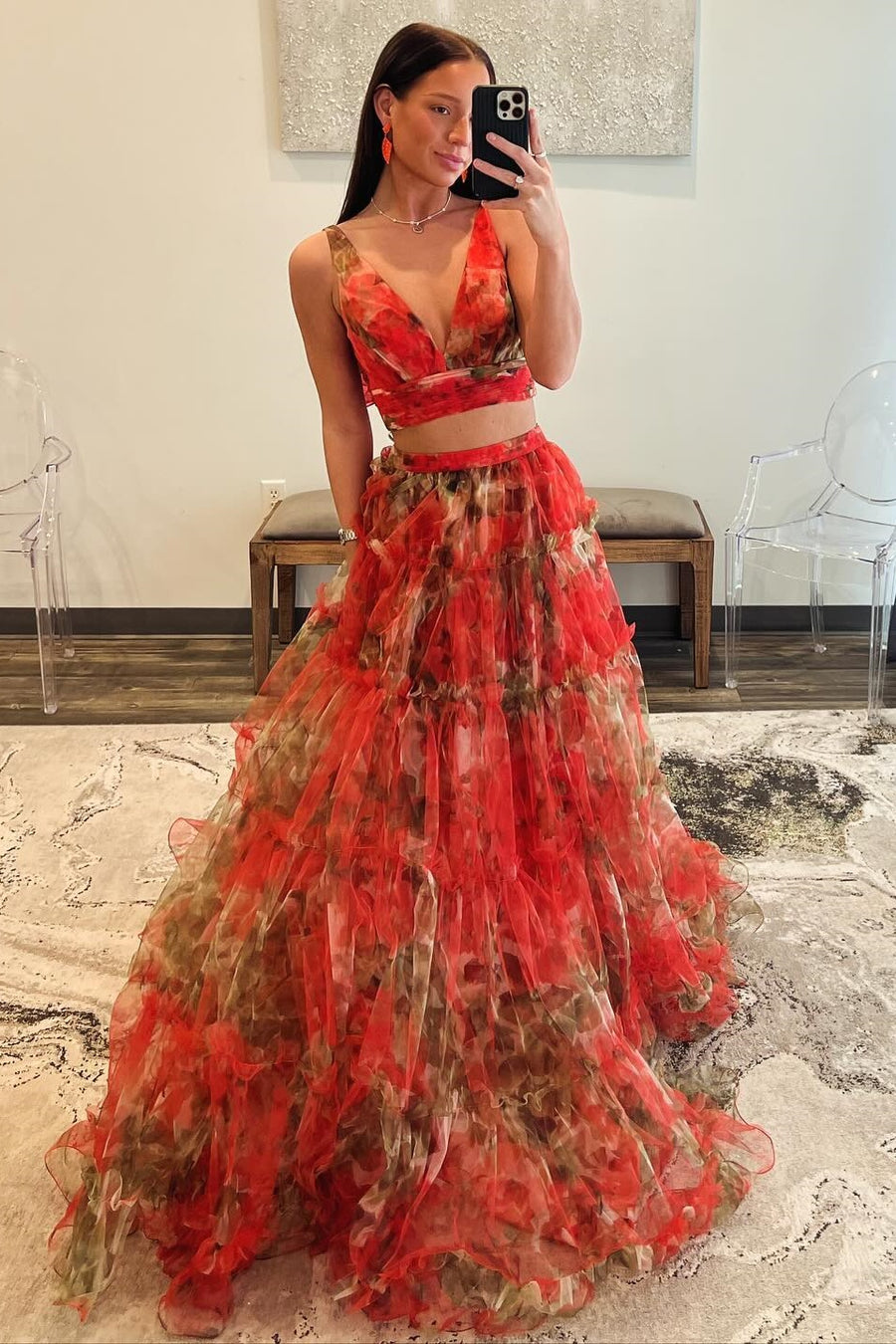 Red Two-Piece V-Neck Sleeveless Floral Print Long Formal Dresses