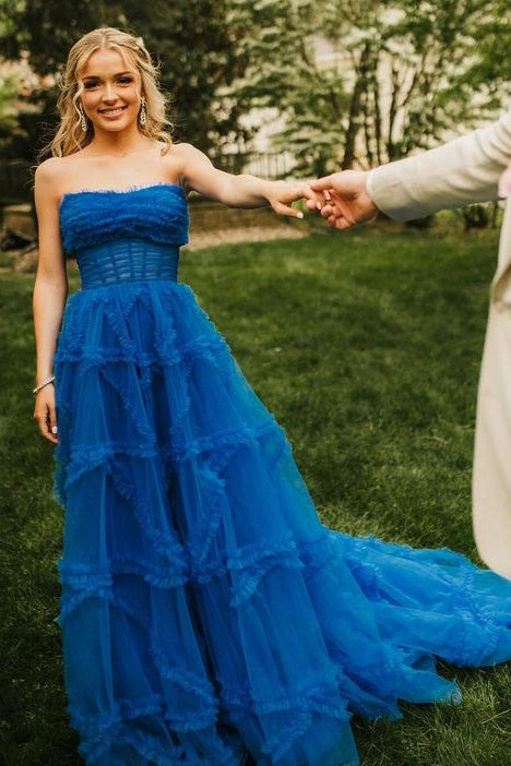 Chic Royal Blue Strapless Tulle A-Line Long Prom Dresses