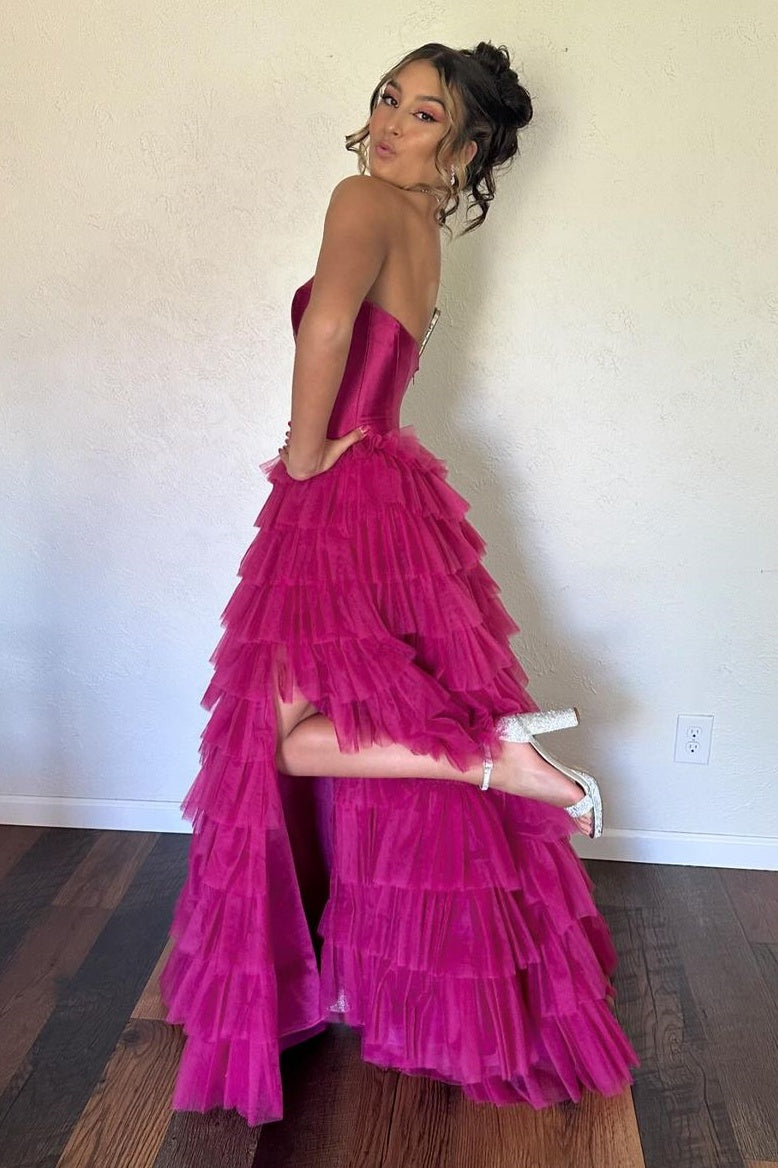 Fuchsia Sweetheart Strapless A-Line Tiered Tulle Split Front Formal Dresses