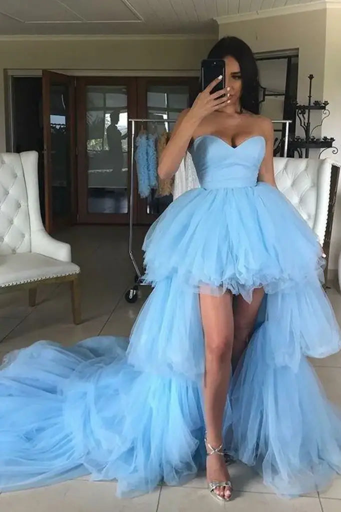 Blue Hi-Lo Strapless Long A-Line Tulle Party Dresses