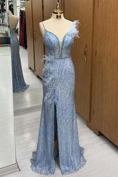 Charming Mermaid V-Neck Spaghetti Straps Sequined Split Front Prom Dresses with Fur