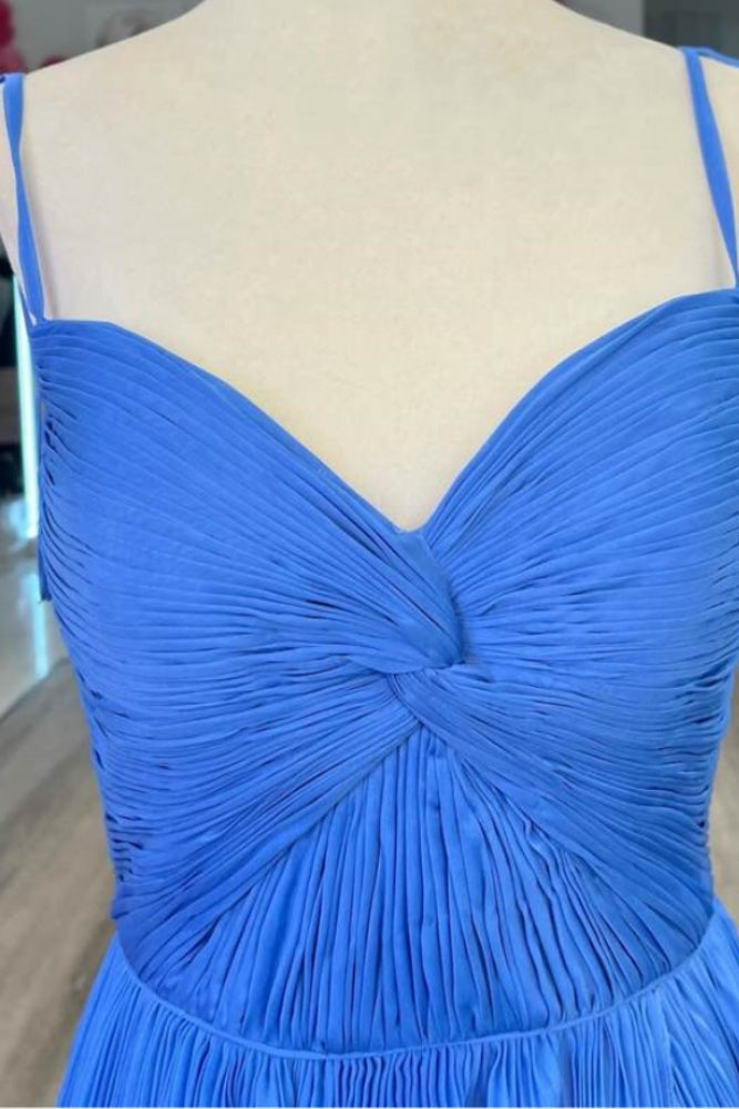 Ocean Blue Spaghetti Straps A-Line Pleated Long Formal Dresses with Slit