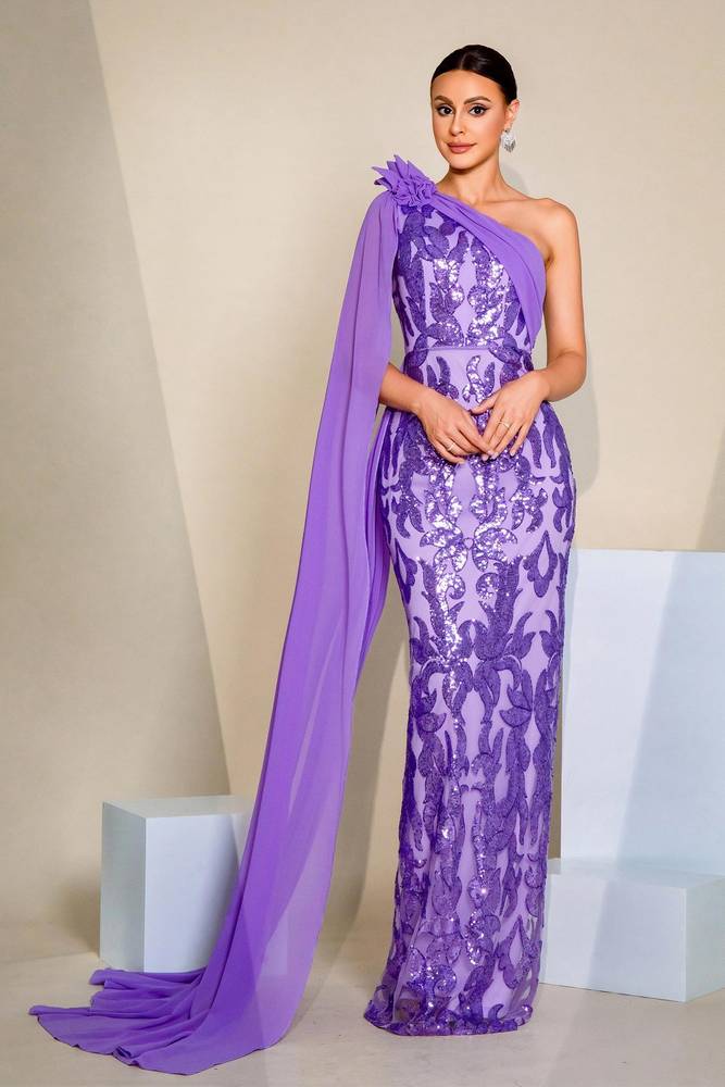 Purple One-Shoulder Mermaid Sequin Evening Dresses with Watteau Train