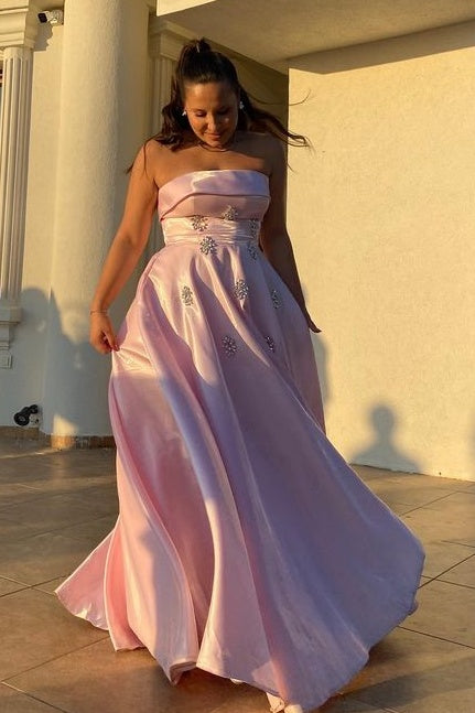 Pink A-Line Satin Strapless Party Dresses with Rhinestones