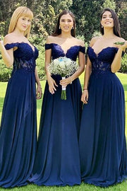 Royal Blue Off-The-Shoulder A-Line Chiffon Bridesmaid Dresses