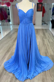 Ocean Blue Spaghetti Straps A-Line Pleated Long Formal Dresses with Slit