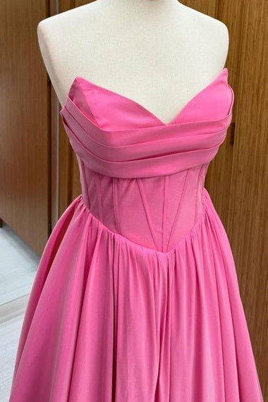 Gorgeous V-Neck Strapless Floor-Length A-Line Satin Prom Dresses with Ruffles