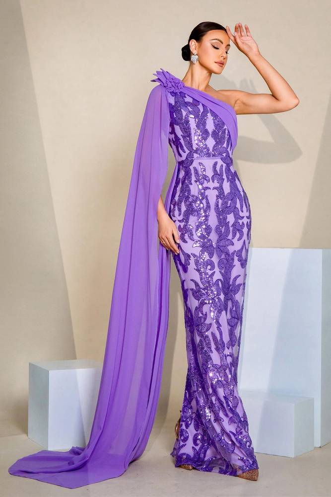 Purple One-Shoulder Mermaid Sequin Evening Dresses with Watteau Train