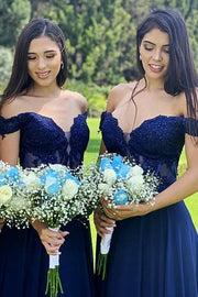 Royal Blue Off-The-Shoulder A-Line Chiffon Bridesmaid Dresses