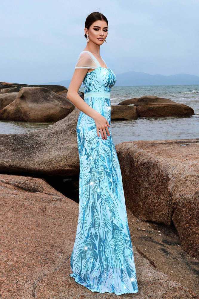 Capped Floor-Length Column Sequin Prom Evening Dresses