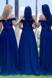 Royal Blue Off-The-Shoulder A-Line Chiffon Bridesmaid Dresses