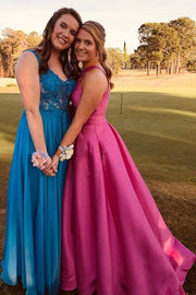 Fuchsia Sleeveless Long Ball Gown Satin Party Dresses