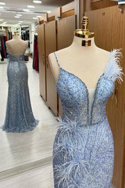 Charming Mermaid V-Neck Spaghetti Straps Sequined Split Front Prom Dresses with Fur