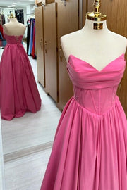 Gorgeous V-Neck Strapless Floor-Length A-Line Satin Prom Dresses with Ruffles