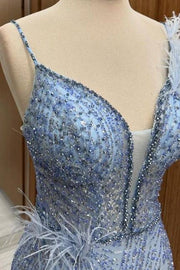 Charming Mermaid V-Neck Spaghetti Straps Sequined Split Front Prom Dresses with Fur