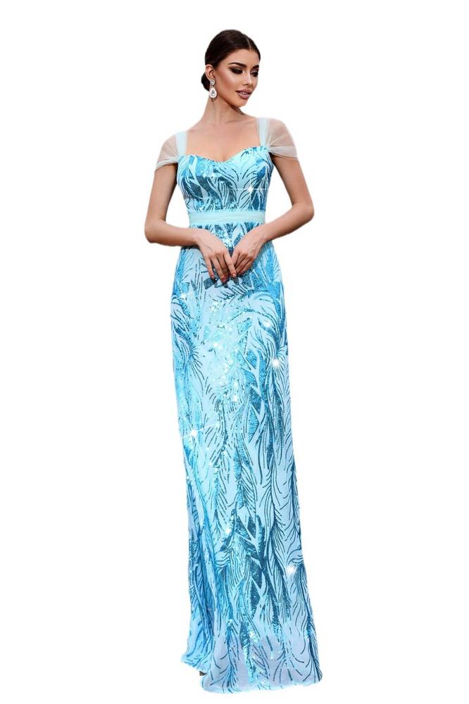 Capped Floor-Length Column Sequin Prom Evening Dresses