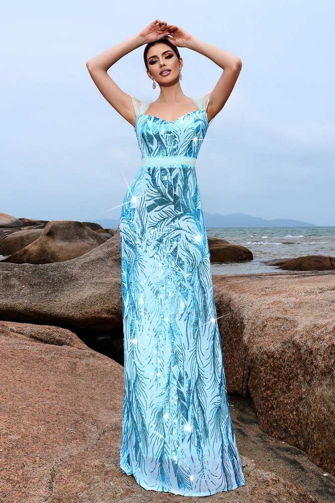 Capped Floor-Length Column Sequin Prom Evening Dresses