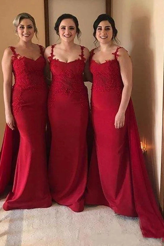 Red Sleeveless Mermaid Satin Bridesmaid Dresses with Train