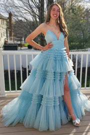 Sky Blue Tiered V-Neck Spaghetti Straps A-Line Long Party Dresses